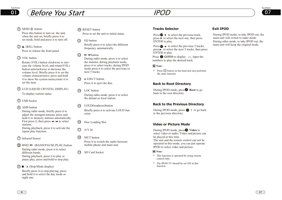 Before you start, Ipod | Lanzar Car Audio SD34MIP User Manual | Page 8 / 22