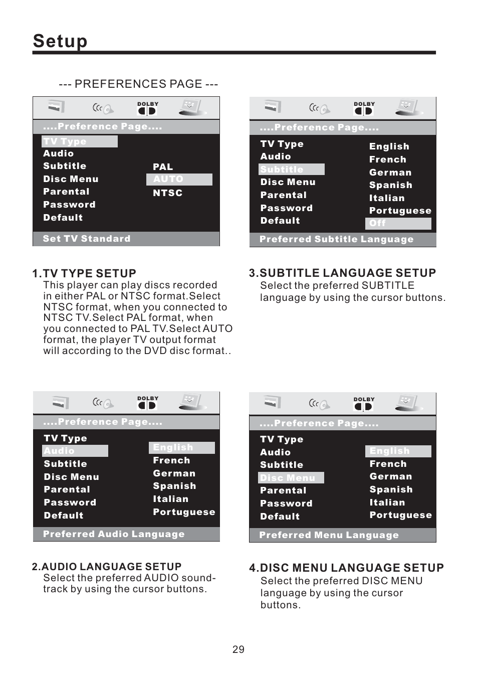 Setup, Preferences page .tv type setup, Subtitle language setup | Disc menu language setup | Lanzar Car Audio SD43MU User Manual | Page 30 / 35