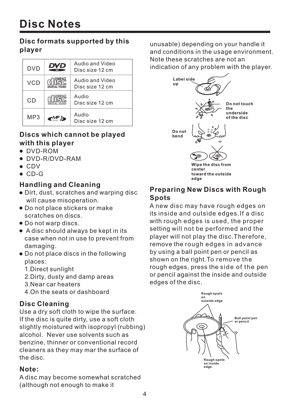 Preparing new discs with spots rough, Disc cleaning, Handling and cleaning | Discs which cannot be played with this player, Disc formats supported by this player | Lanzar Car Audio SD43MU User Manual | Page 5 / 35