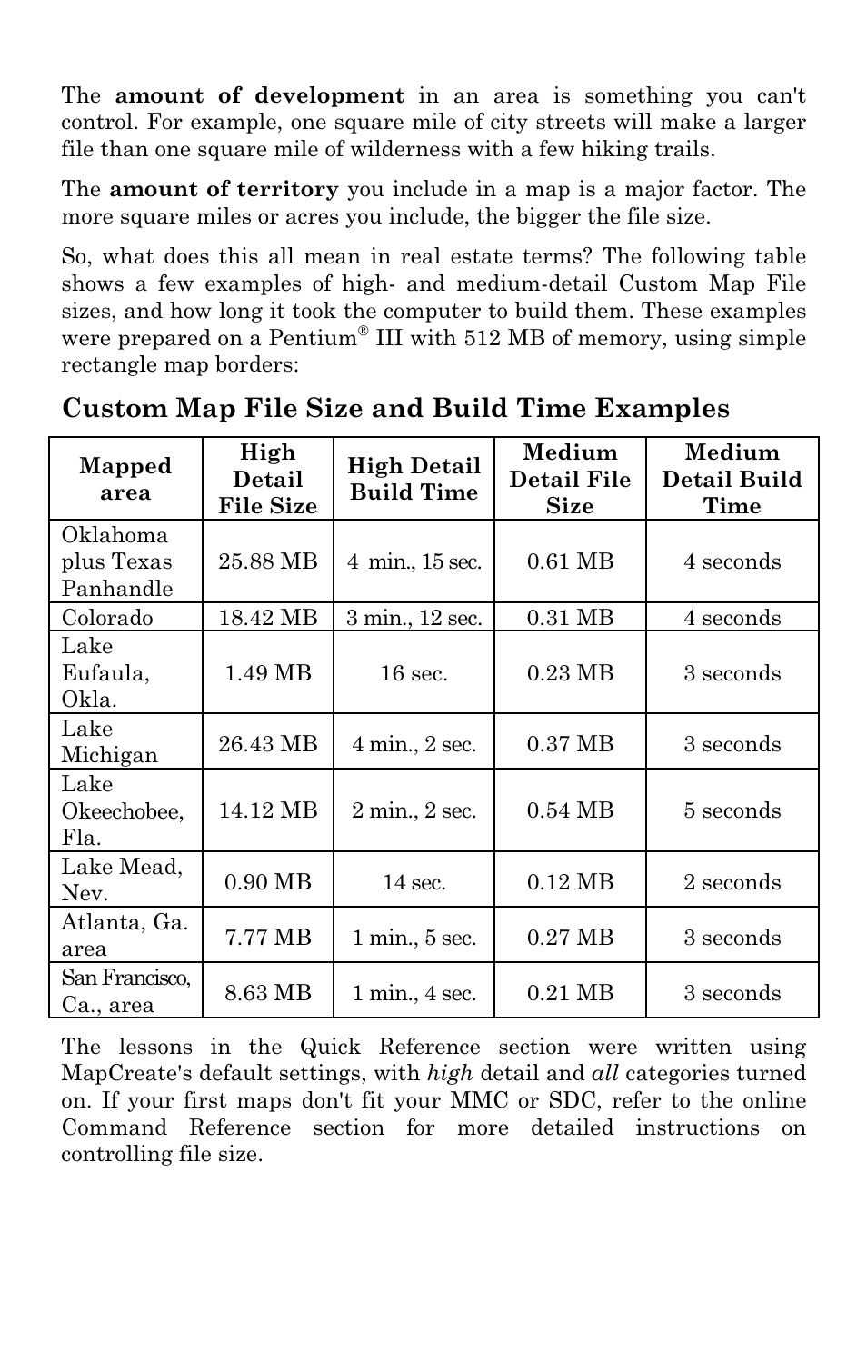 Custom map file size and build time examples | LEI Electronics MAPCREATE 6 User Manual | Page 12 / 80