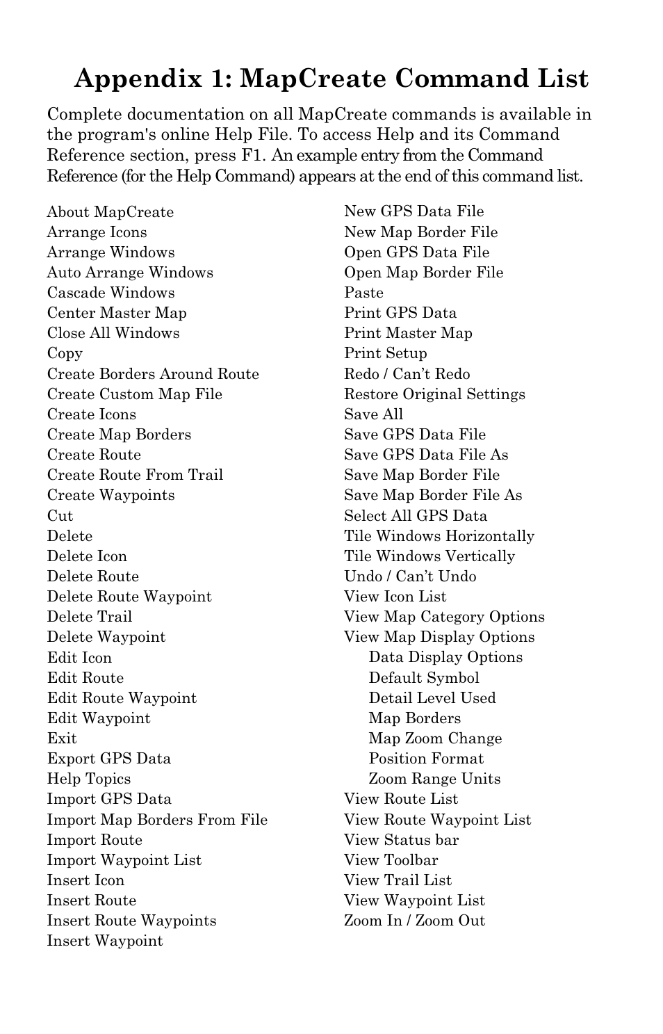 Appendix 1: mapcreate command list | LEI Electronics MAPCREATE 6 User Manual | Page 61 / 80
