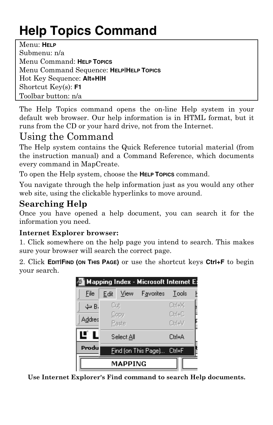 Help topics command, Using the command, Searching help | LEI Electronics MAPCREATE 6 User Manual | Page 62 / 80