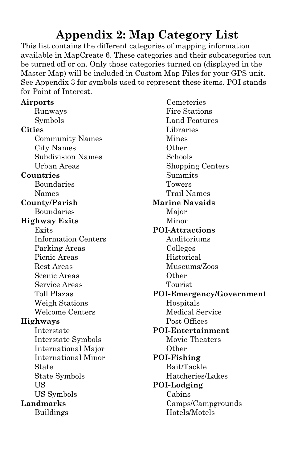 Appendix 2: map category list | LEI Electronics MAPCREATE 6 User Manual | Page 65 / 80