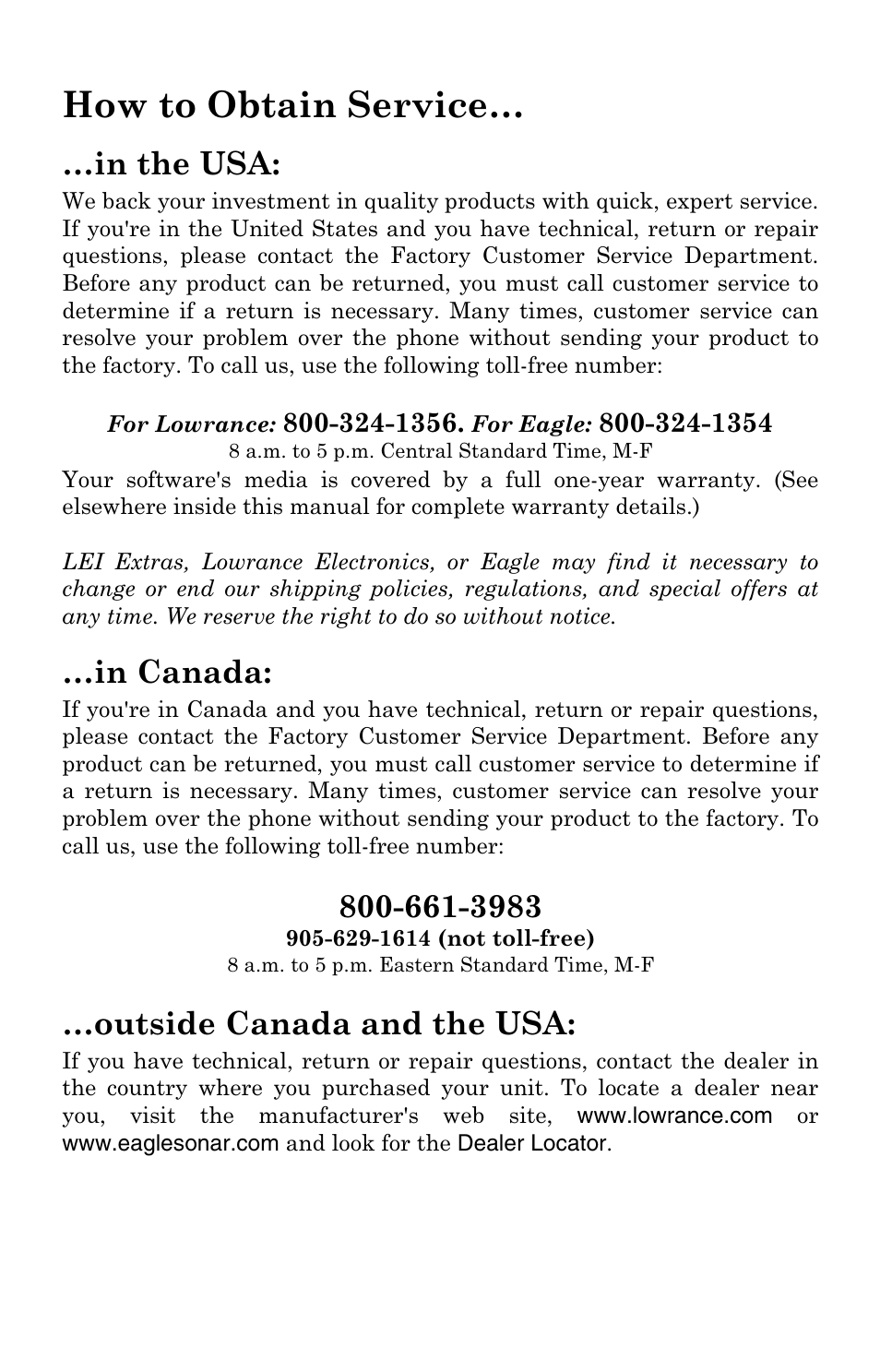 How to obtain service, Outside canada and the usa | LEI Electronics MAPCREATE 6 User Manual | Page 78 / 80