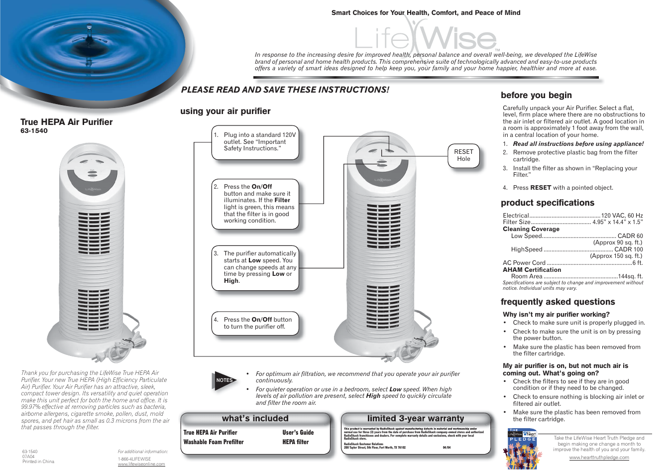 LifeWise True HEPA Air Purifier 63-1540 User Manual | 2 pages