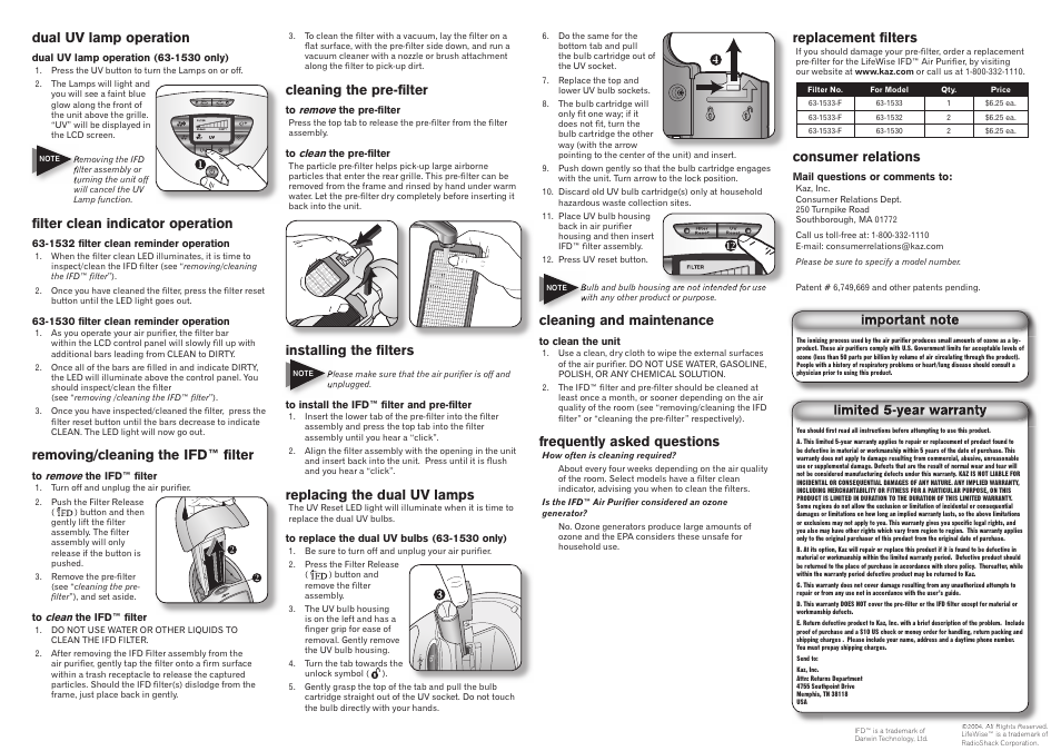 Dual uv lamp operation, FI lter clean indicator operation, Removing/cleaning the ifd™ fi lter | Cleaning the pre-fi lter, Installing the fi lters, Replacing the dual uv lamps, Cleaning and maintenance, Frequently asked questions, Replacement fi lters, Consumer relations | LifeWise IFD 63-1530 User Manual | Page 2 / 2