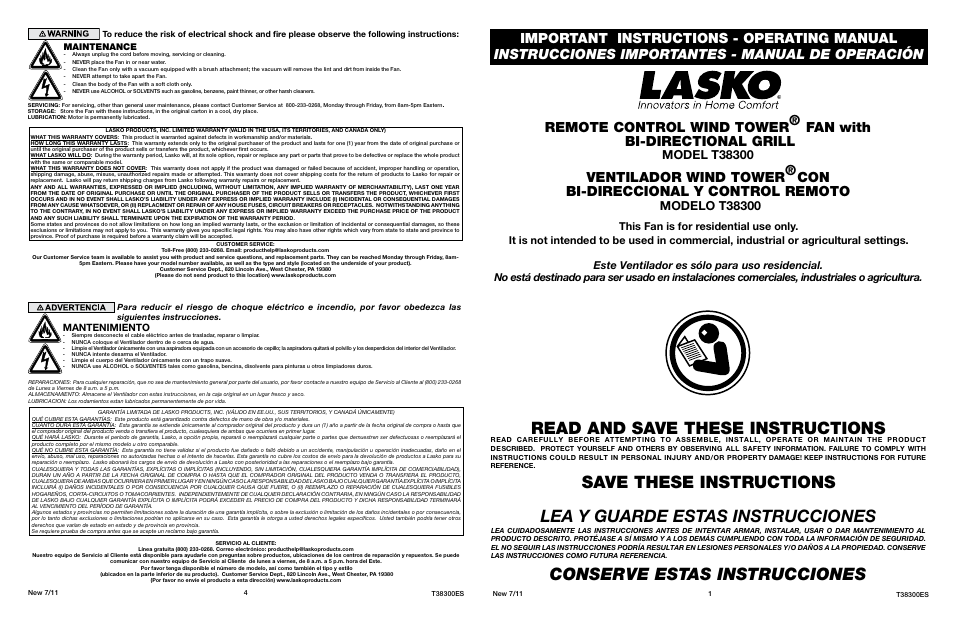 Lasko NEW 7/11 4 ES REMOTE CONTROL WIND TOWER FAN WITH BI-DIRECTIONAL GRILL T38300 User Manual | 2 pages