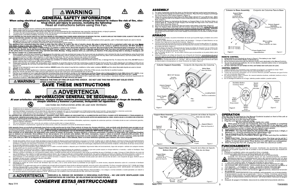 Conserve estas instrucciones, Save these instructions, General safety information | Información general de seguridad, Read all instructions before using this fan, Assembly, Operation, Armado, Funcionamiento | Lasko NEW 7/11 4 ES REMOTE CONTROL WIND TOWER FAN WITH BI-DIRECTIONAL GRILL T38300 User Manual | Page 2 / 2