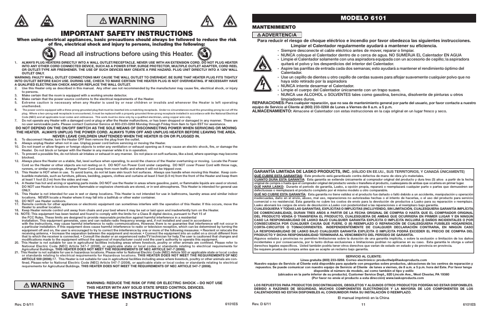 Save these instructions, Important safety instructions, Read all instructions before using this heater | Modelo 6101, Mantenimiento | Lasko 6101 User Manual | Page 2 / 6