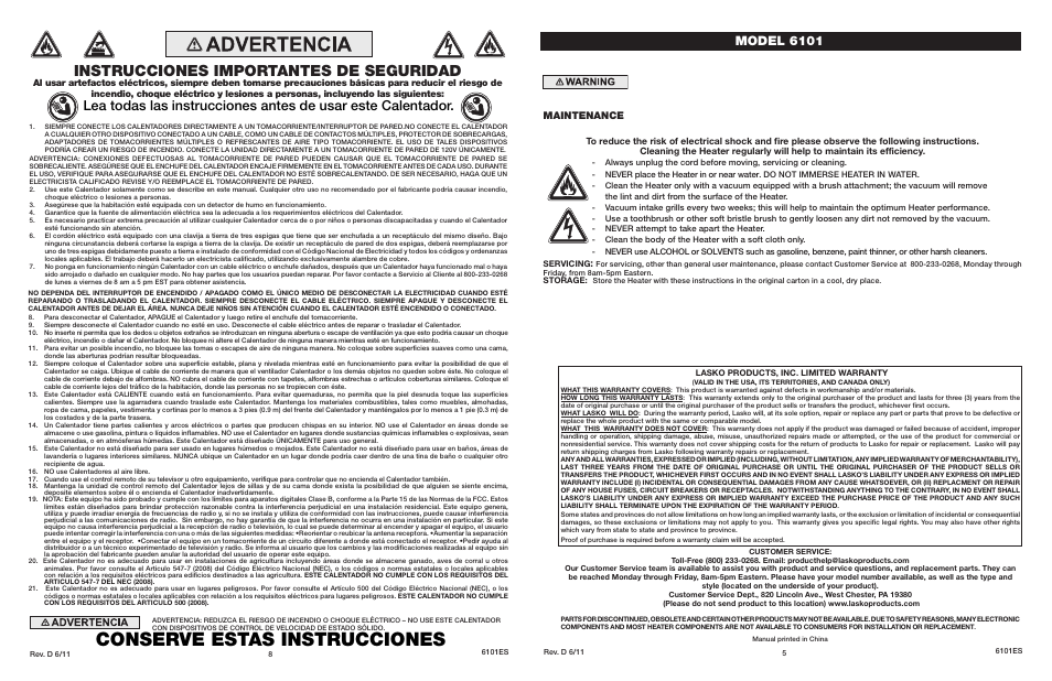 Conserve estas instrucciones, Instrucciones importantes de seguridad, Model 6101 | Maintenance | Lasko 6101 User Manual | Page 5 / 6