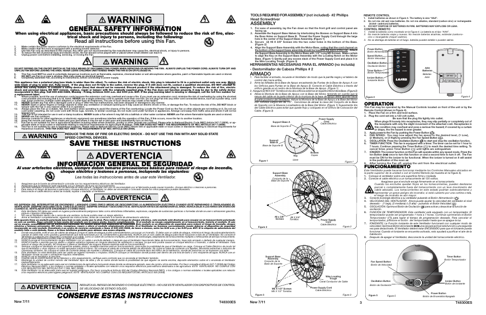 Conserve estas instrucciones, Save these instructions, General safety information | Información general de seguridad, Read all instructions before using this fan, Armado, Operation, Assembly, Funcionamiento | Lasko T48300 User Manual | Page 2 / 2