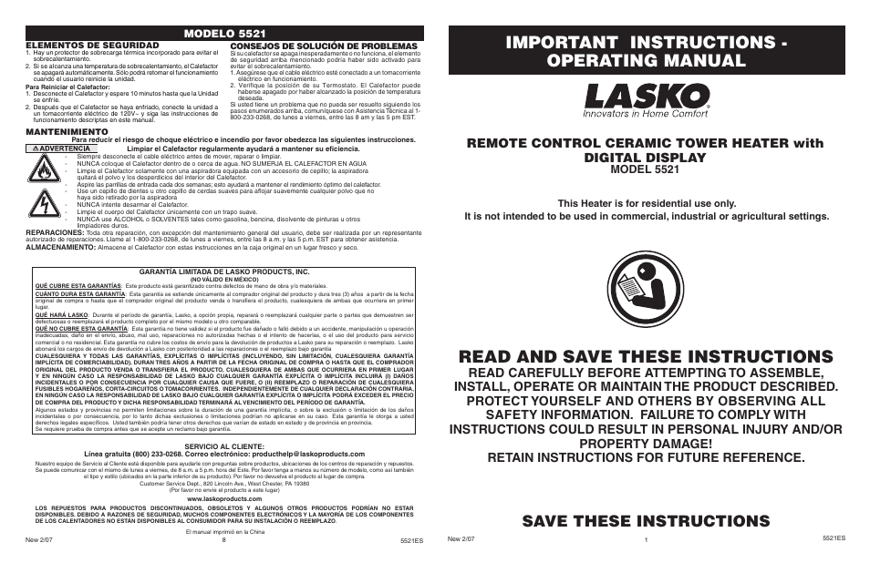 Lasko 5521 User Manual | 4 pages