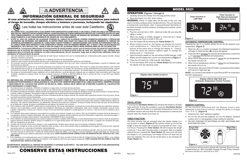 Conserve estas instrucciones, Información general de seguridad, Model 5521 | Operation | Lasko 5521 User Manual | Page 3 / 4