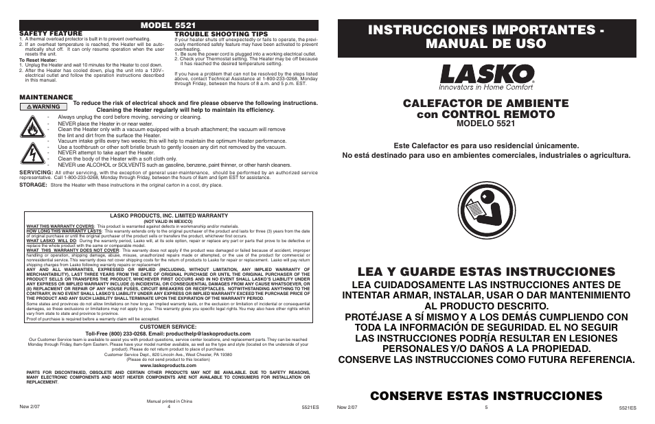 Instrucciones importantes - manual de uso, Lea y guarde estas instrucciones, Conserve estas instrucciones | Calefactor de ambiente con control remoto, Modelo 5521, Model 5521 | Lasko 5521 User Manual | Page 4 / 4