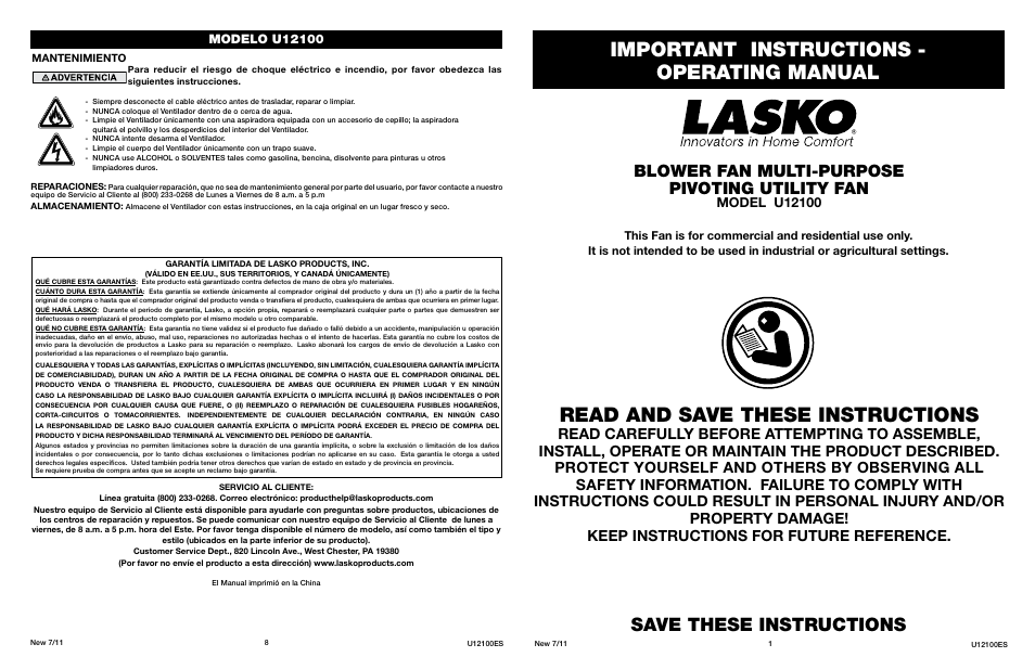 Lasko INNOVATORS IN HOME COMFORT U12100 User Manual | 4 pages