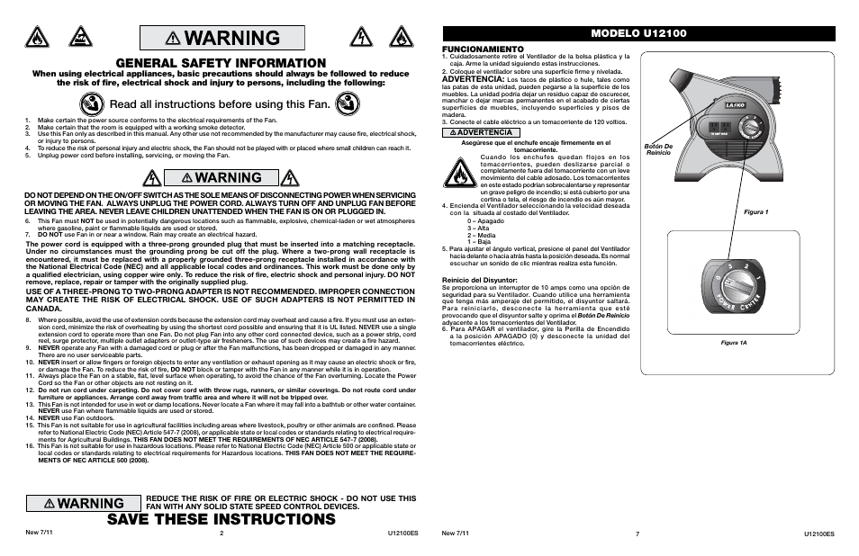 Save these instructions, General safety information, Read all instructions before using this fan | Funcionamiento, Advertencia | Lasko INNOVATORS IN HOME COMFORT U12100 User Manual | Page 2 / 4