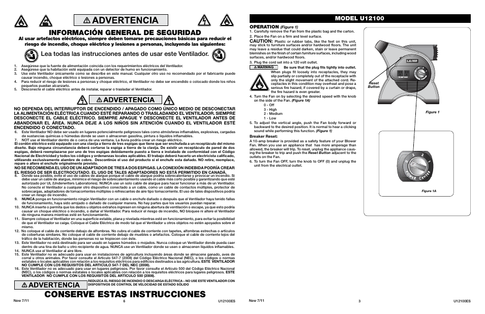 Conserve estas instrucciones, Información general de seguridad, Operation | Caution | Lasko INNOVATORS IN HOME COMFORT U12100 User Manual | Page 3 / 4