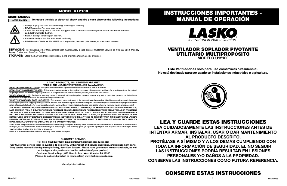 Instrucciones importantes - manual de operación, Lea y guarde estas instrucciones, Conserve estas instrucciones | Ventilador soplador pivotante utilitario multiprop, Sito | Lasko INNOVATORS IN HOME COMFORT U12100 User Manual | Page 4 / 4