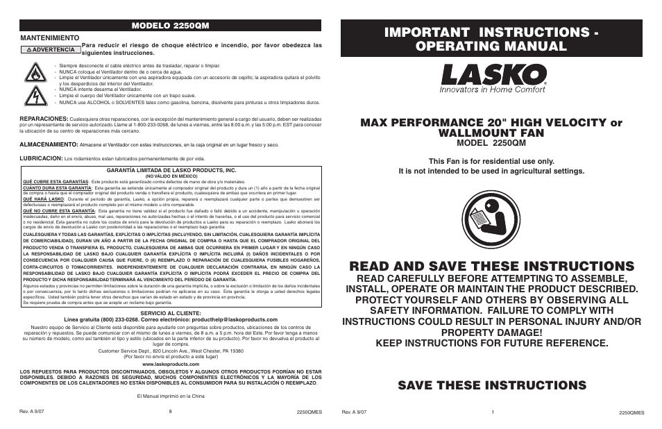 Lasko 2250QM User Manual | 4 pages