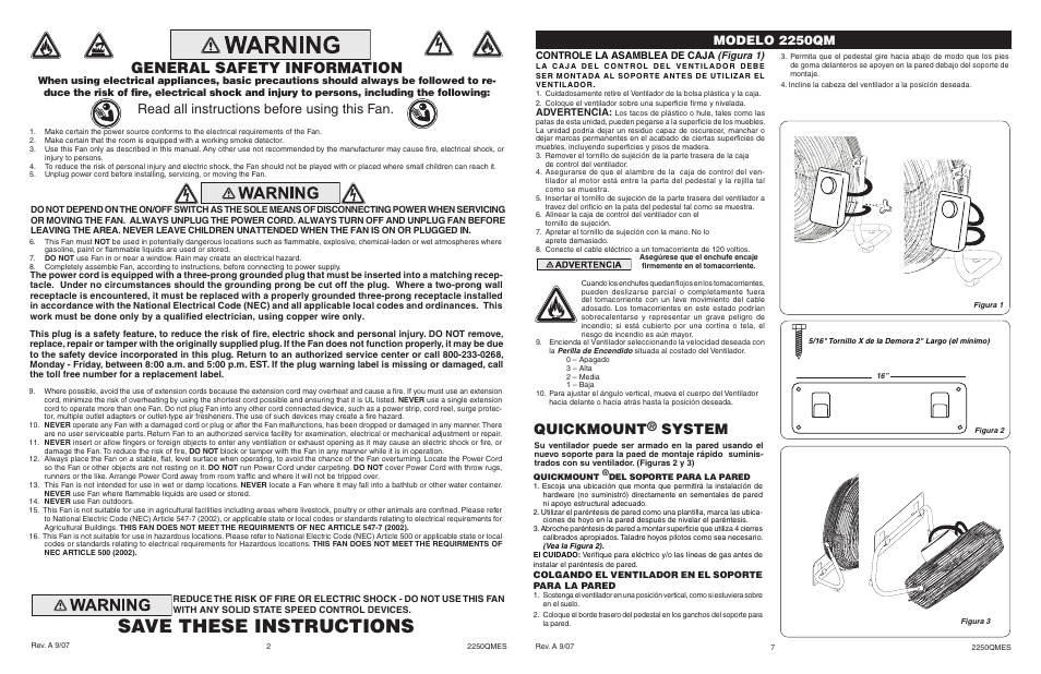 Save these instructions, General safety information, Quickmount | System, Read all instructions before using this fan, Modelo 2250qm, Controle la asamblea de caja (figura 1), Advertencia | Lasko 2250QM User Manual | Page 2 / 4