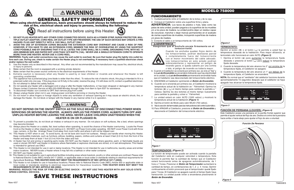 Save these instructions, General safety information, Read all instructions before using this heater | Funcionamiento | Lasko 758000 User Manual | Page 2 / 4