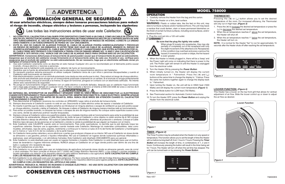 Conserver ces instructions, Información general de seguridad, Operation | Lasko 758000 User Manual | Page 3 / 4