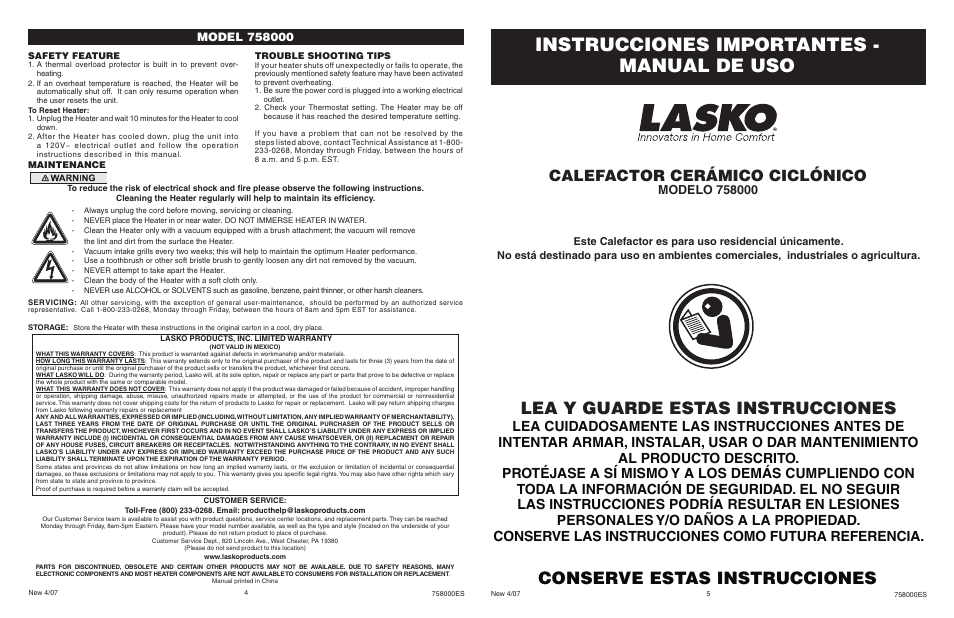 Instrucciones importantes - manual de uso, Lea y guarde estas instrucciones, Conserve estas instrucciones | Calefactor cerámico ciclónico | Lasko 758000 User Manual | Page 4 / 4
