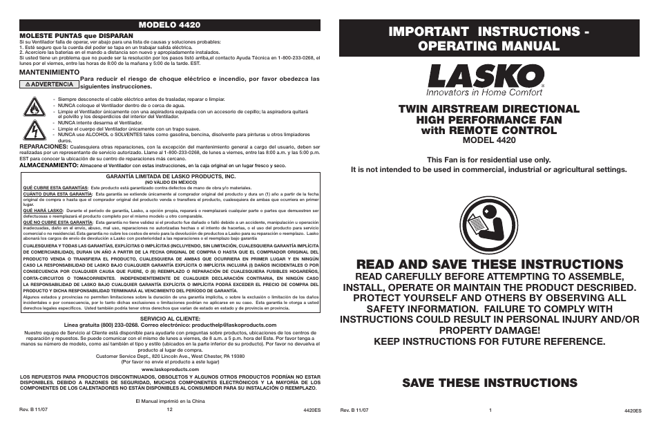 Lasko 4420 User Manual | 6 pages
