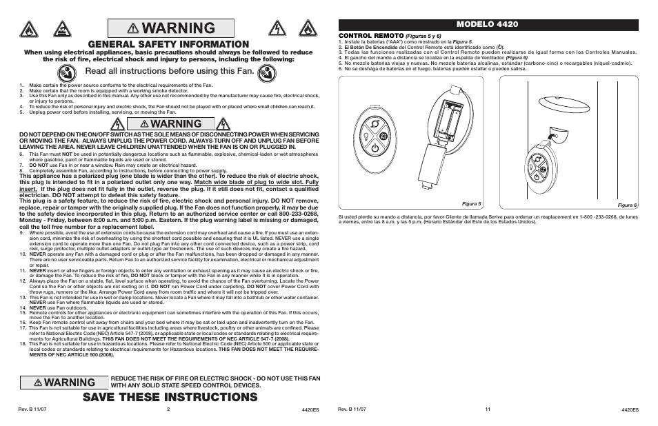 Save these instructions, General safety information, Read all instructions before using this fan | Modelo 4420, Model 5132 | Lasko 4420 User Manual | Page 2 / 6