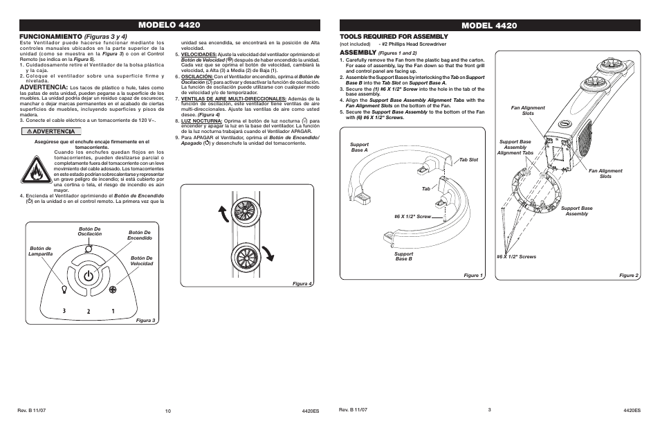 Modelo 4420, Model 4420, Advertencia | Funcionamiento (figuras 3 y 4), Tools required for assembly, Assembly | Lasko 4420 User Manual | Page 3 / 6