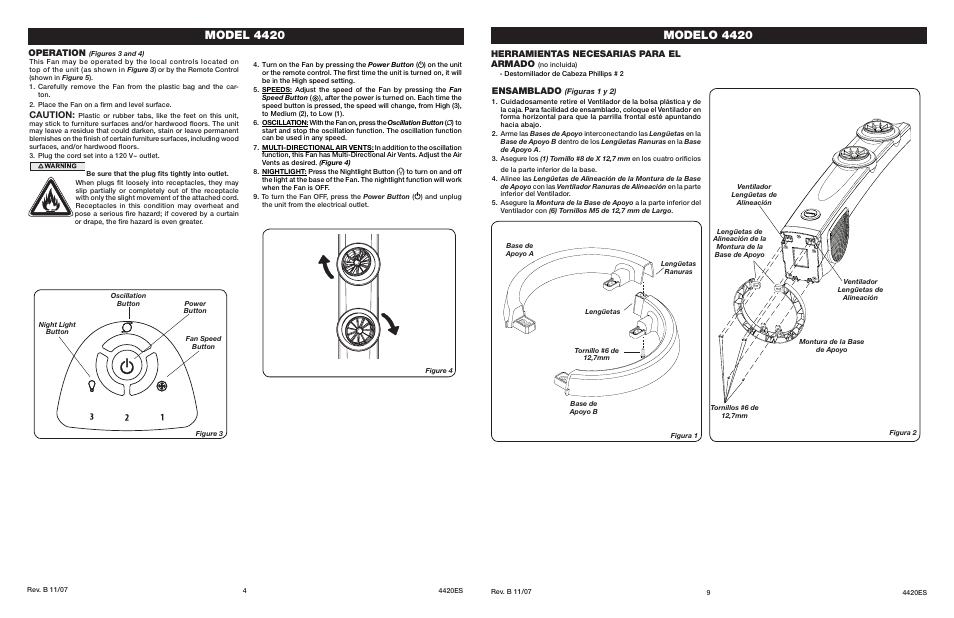 Model 4420, Modelo 4420, Caution | Operation, Herramientas necesarias para el armado, Ensamblado | Lasko 4420 User Manual | Page 4 / 6