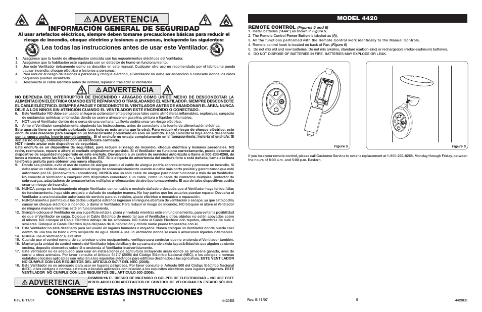 Conserve estas instrucciones, Información general de seguridad, Model 4420 | Remote control | Lasko 4420 User Manual | Page 5 / 6