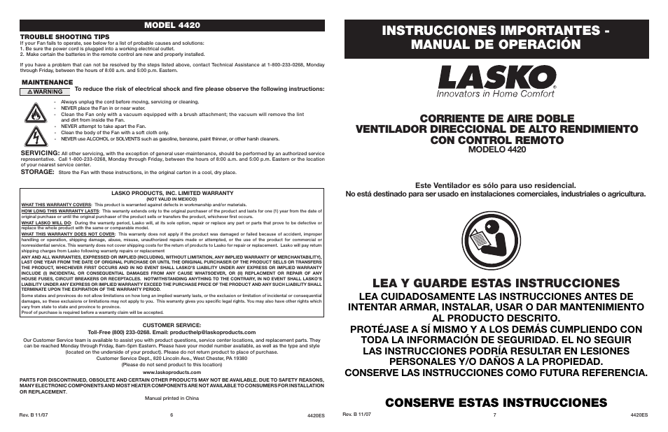 Instrucciones importantes - manual de operación, Lea y guarde estas instrucciones, Conserve estas instrucciones | Modelo 4420, Model 4420 | Lasko 4420 User Manual | Page 6 / 6