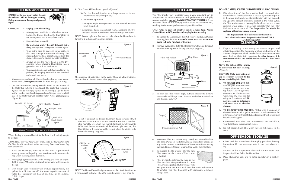 Filter care, Off-season storage, Cleaning | Filling and operation | Lasko 1128 User Manual | Page 2 / 2