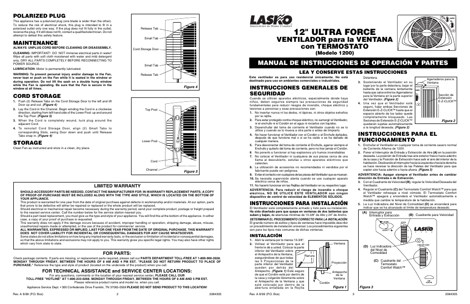 12" ultra force, Ventilador para la ventana con termostato, Manual de instrucciones de operación y partes | Polarized plug, Maintenance, Cord storage, Storage, Instrucciones generales de seguridad, Instrucciones para instalación, Instrucciones para el funcionamiento | Lasko 1200 User Manual | Page 2 / 2