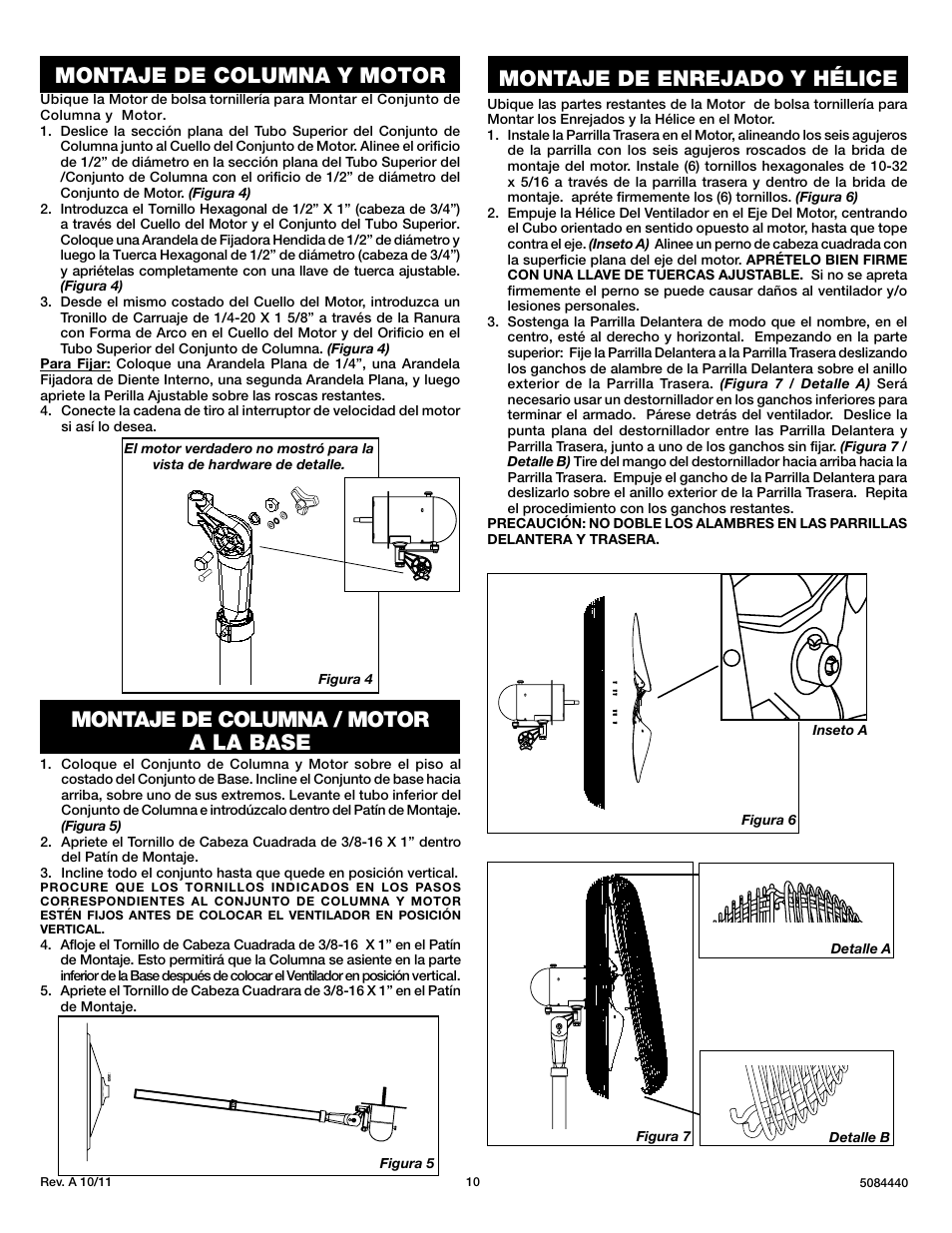 Montaje de enrejado y hélice, Montaje de columna y motor, Montaje de columna / motor a la base | Lasko PEDESTAL X30400 User Manual | Page 10 / 12