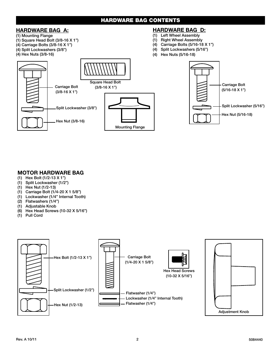 Hardware bag d, Hardware bag contents motor hardware bag, Hardware bag a | Lasko PEDESTAL X30400 User Manual | Page 2 / 12