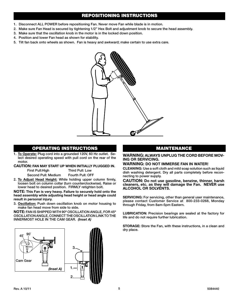 Repositioning instructions, Operating instructions, Maintenance | Lasko PEDESTAL X30400 User Manual | Page 5 / 12