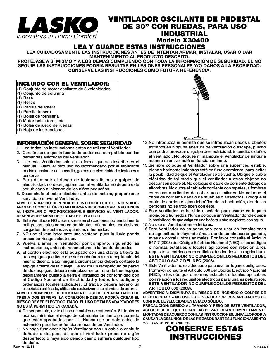 Conserve estas instrucciones, Lea y guarde estas instrucciones | Lasko PEDESTAL X30400 User Manual | Page 7 / 12