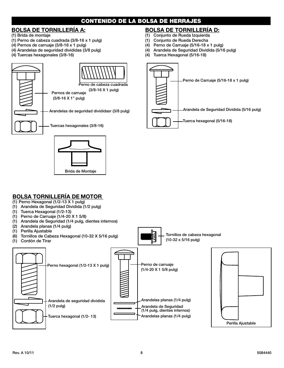 Bolsa de tornillería d, Bolsa tornillería de, Motor | Lasko PEDESTAL X30400 User Manual | Page 8 / 12