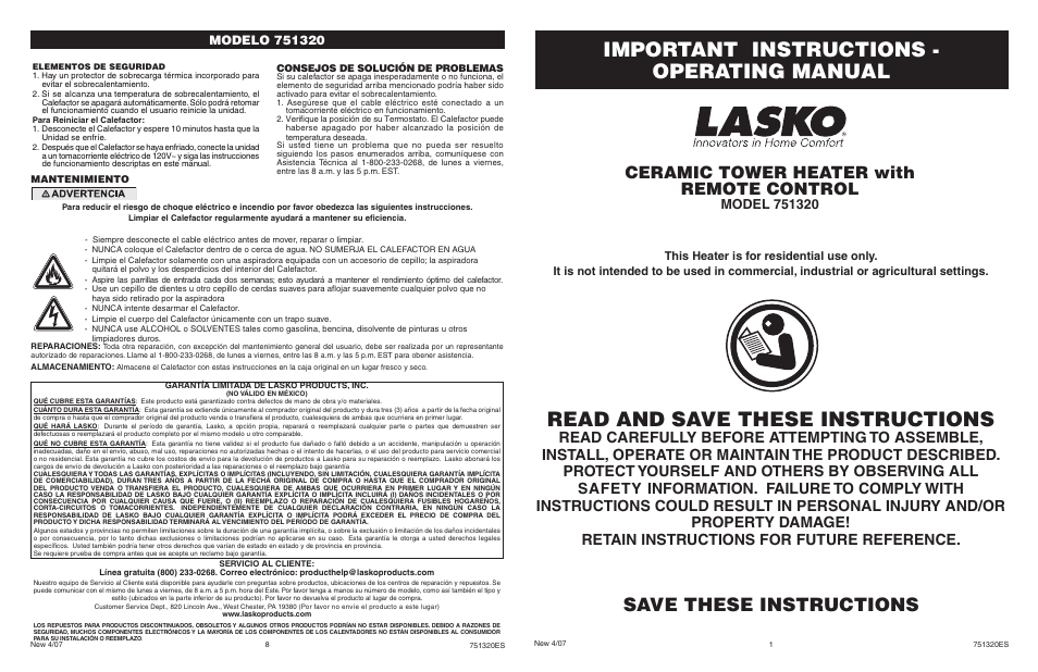 Lasko 751320 User Manual | 4 pages