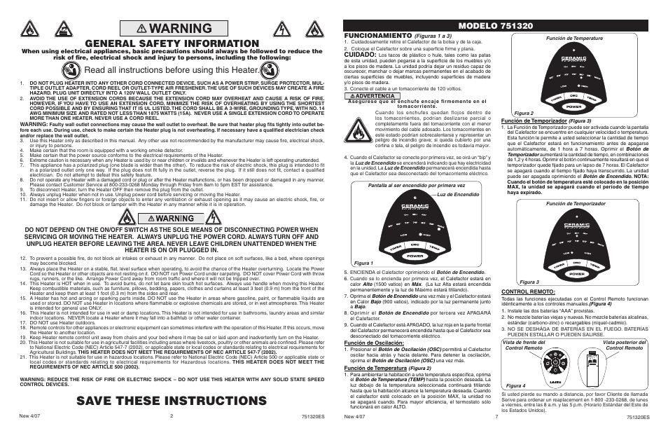 Save these instructions, General safety information, Read all instructions before using this heater | Funcionamiento, Cuidado | Lasko 751320 User Manual | Page 2 / 4