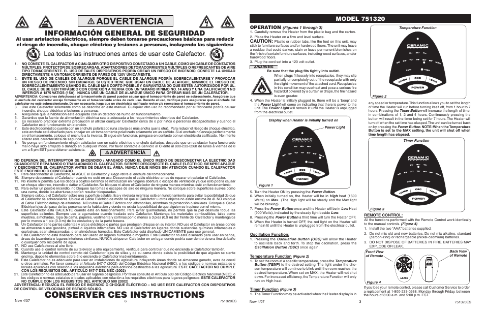 Conserver ces instructions, Información general de seguridad, Operation | Caution | Lasko 751320 User Manual | Page 3 / 4