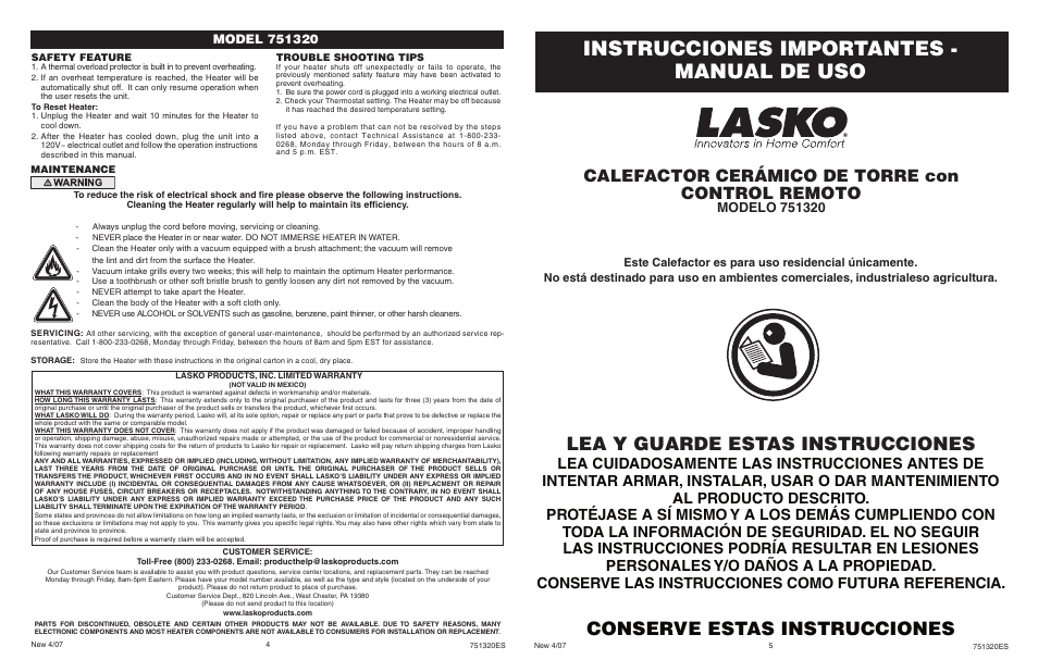 Instrucciones importantes - manual de uso, Lea y guarde estas instrucciones, Conserve estas instrucciones | Calefactor cerámico de torre con control remoto | Lasko 751320 User Manual | Page 4 / 4