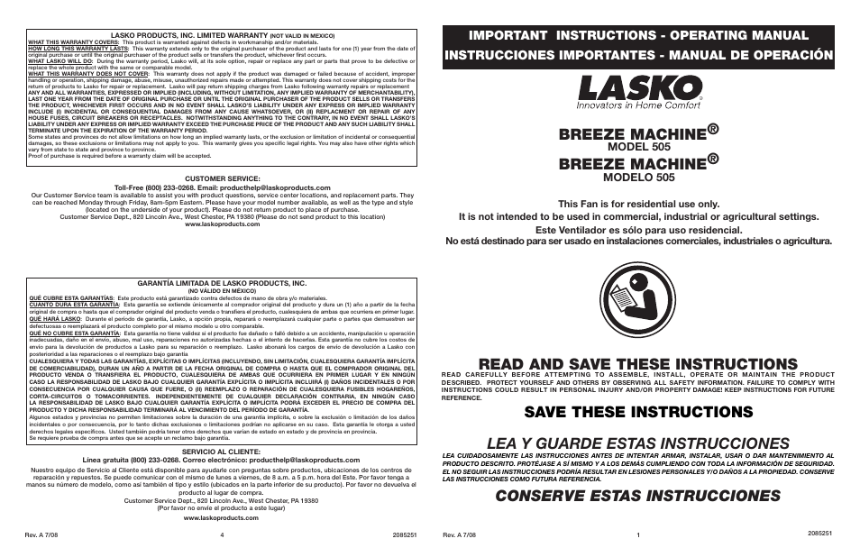 Lasko Breeze Machine 505 User Manual | 2 pages