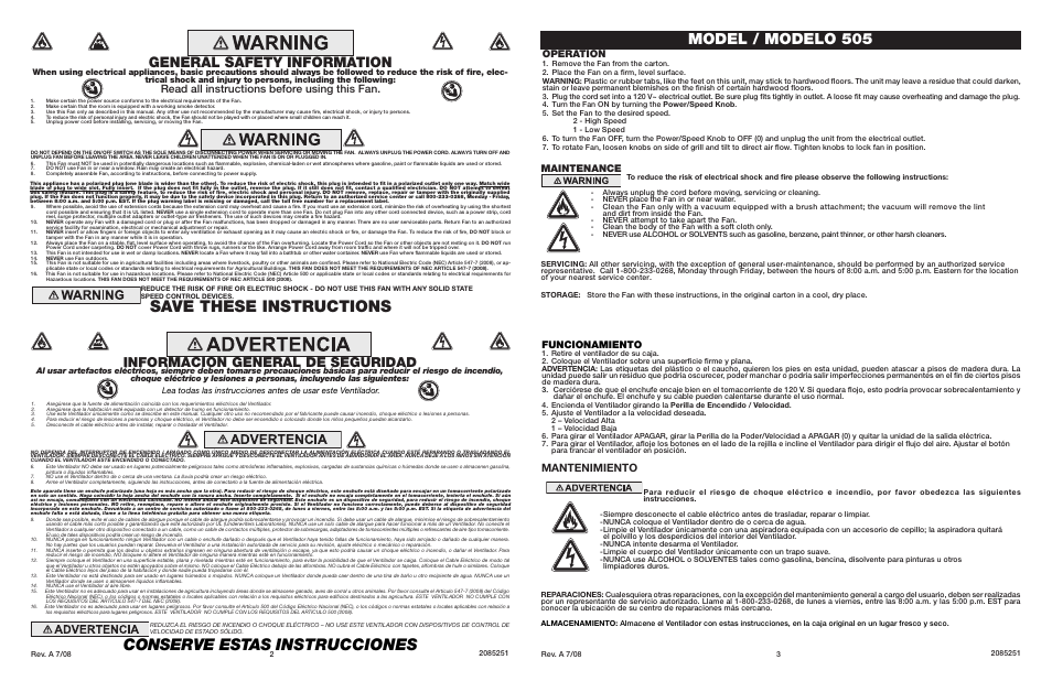 Conserve estas instrucciones, Save these instructions, Model / modelo 505 | General safety information, Información general de seguridad, Mantenimiento, Read all instructions before using this fan, Funcionamiento, Operation, Maintenance | Lasko Breeze Machine 505 User Manual | Page 2 / 2
