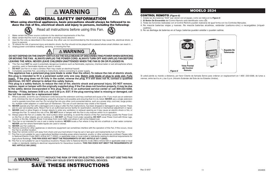 Save these instructions, General safety information, Read all instructions before using this fan | Modelo 2534, Model 5132, Control remoto | Lasko 2534 User Manual | Page 2 / 6