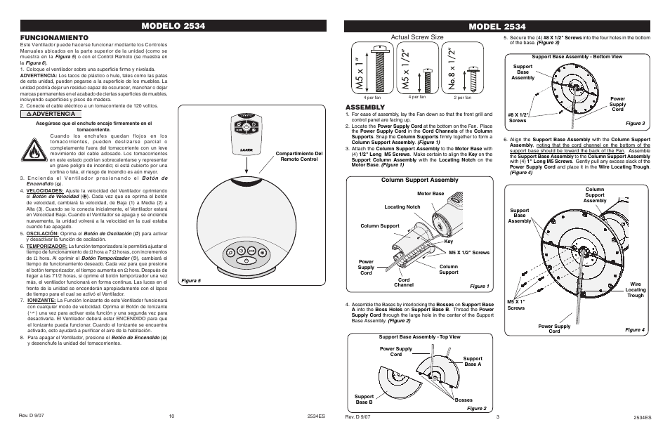 Modelo 2534, Model 2534, Funcionamiento | Assembly, Actual screw size | Lasko 2534 User Manual | Page 3 / 6