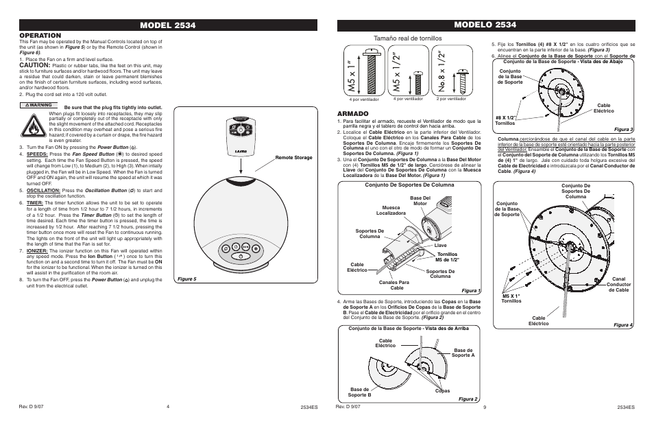 Model 2534, Modelo 2534, Operation | Caution, Armado, Tamaño real de tornillos | Lasko 2534 User Manual | Page 4 / 6