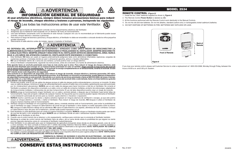 Conserve estas instrucciones, Información general de seguridad, Model 2534 | Remote control | Lasko 2534 User Manual | Page 5 / 6